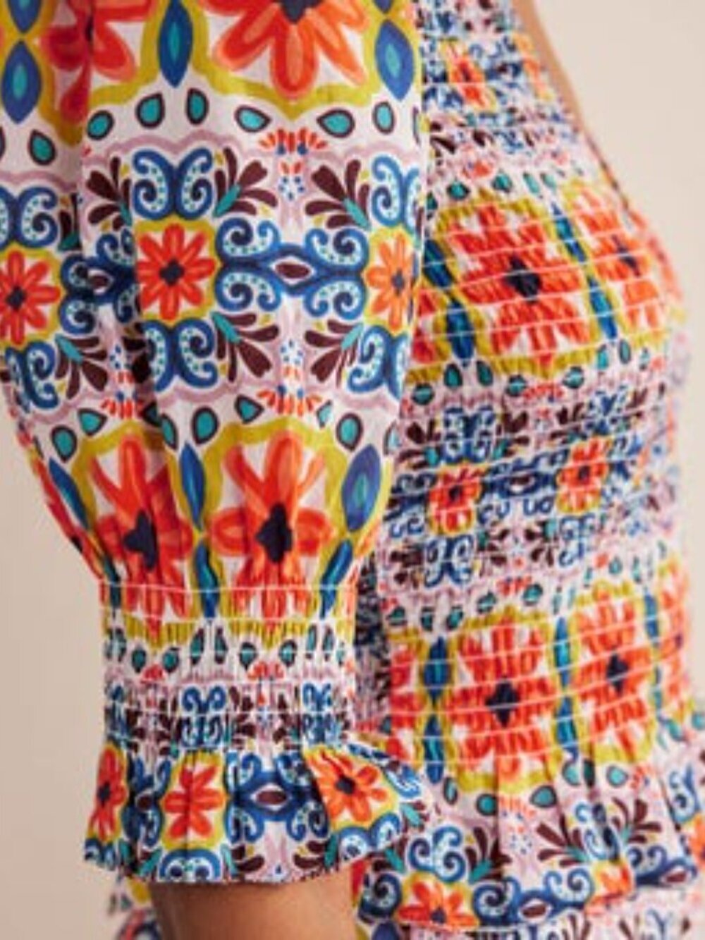 Boden Smocked Bodice Crop Top Multi Tapestry Stripe Ruffle Floral Vacation US 6 - Picture 4 of 15